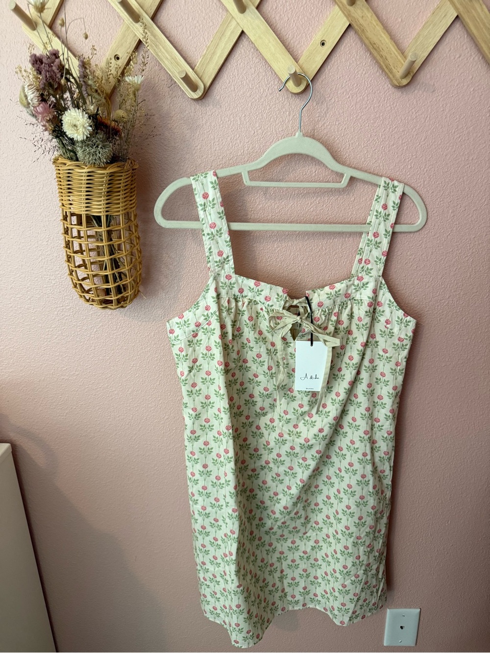 Boutique Cream Mini Dress with Pink Floral Print